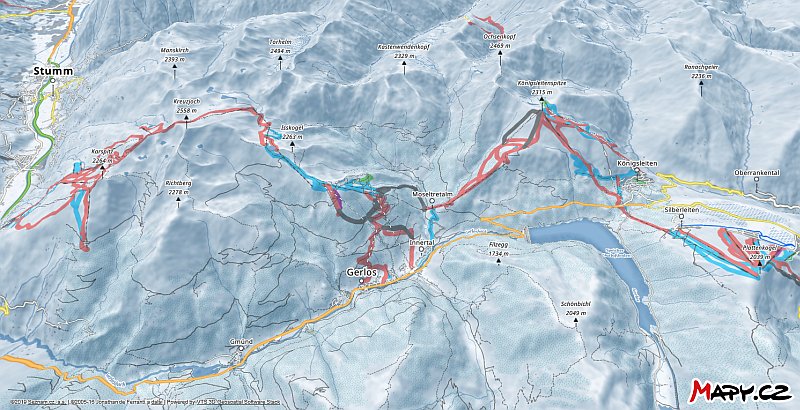 3D zimní mapa lyžařské oblasti Gerlos (Zillertal Arena)