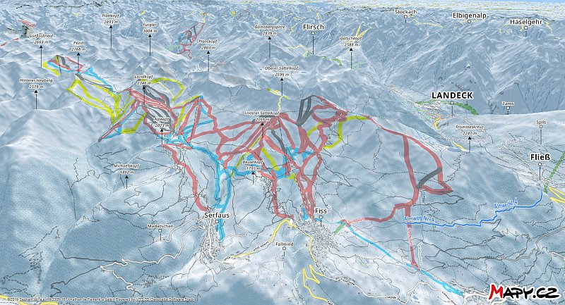 3D zimní mapa lyžařské oblasti Serfaus - Fiss - Ladis