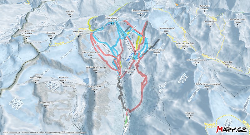 3D zimní mapa lyžařské oblasti Stubaier Gletscher